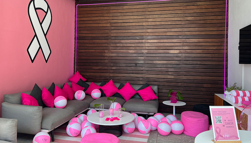Cabana for a Cause at Kimpton Epic Hotel decorated with Pink-branding